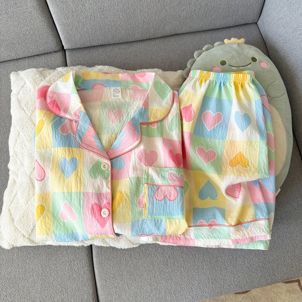 Women's Summer Thin Pajamas with Plaid Heart-Shaped Pattern, Short-Sleeved Shorts, Sweet and Cute, Can Be Worn Outside in Summer, Two-Piece Home Wear Set
