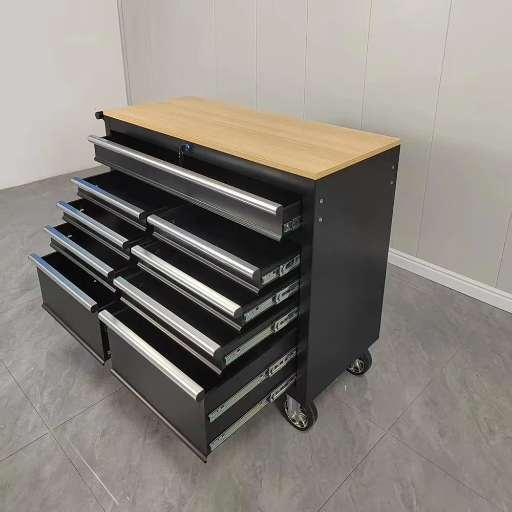 Industrial Rolling Tool Chest  Tool Trolley Heavy Duty Black Rolling Tool Cabinet with 9 Drawers and Casters