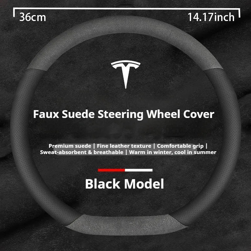 For Tesla Model 3 Model Y Model S Model X Roadster Suede Anti-slip Breathable Leather Car Steering Wheel Cover Auto Accessories