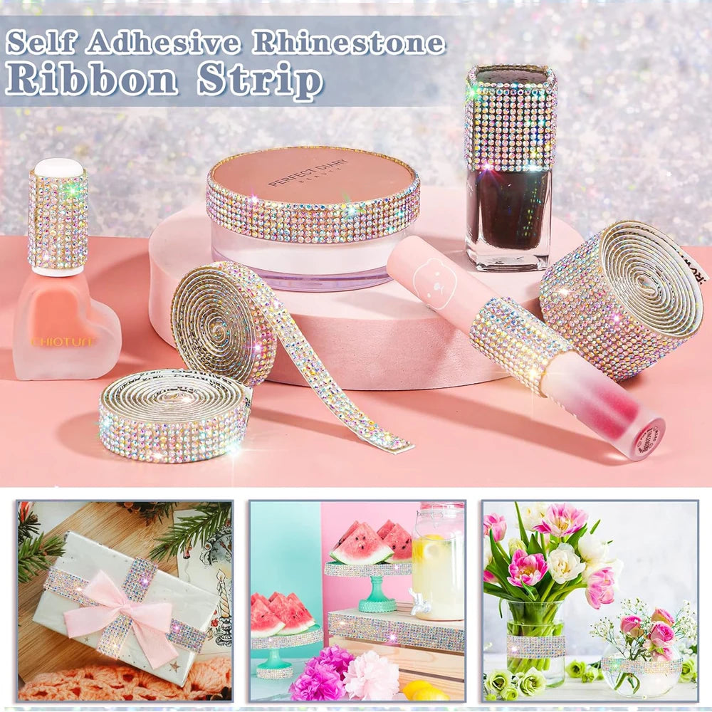1/5/10Yards Self Adhesive Rhinestone Ribbon Bling Crystal Diamond Ribbon Roll Wrap Glittering Rhinestones Sticker for Decoration
