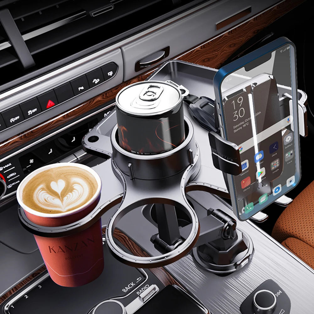 Car Dual Cup Holder Expander With Tray Phone Holder 360 Adjustable Table Slot Food Organized Tray Portable Drink Stand