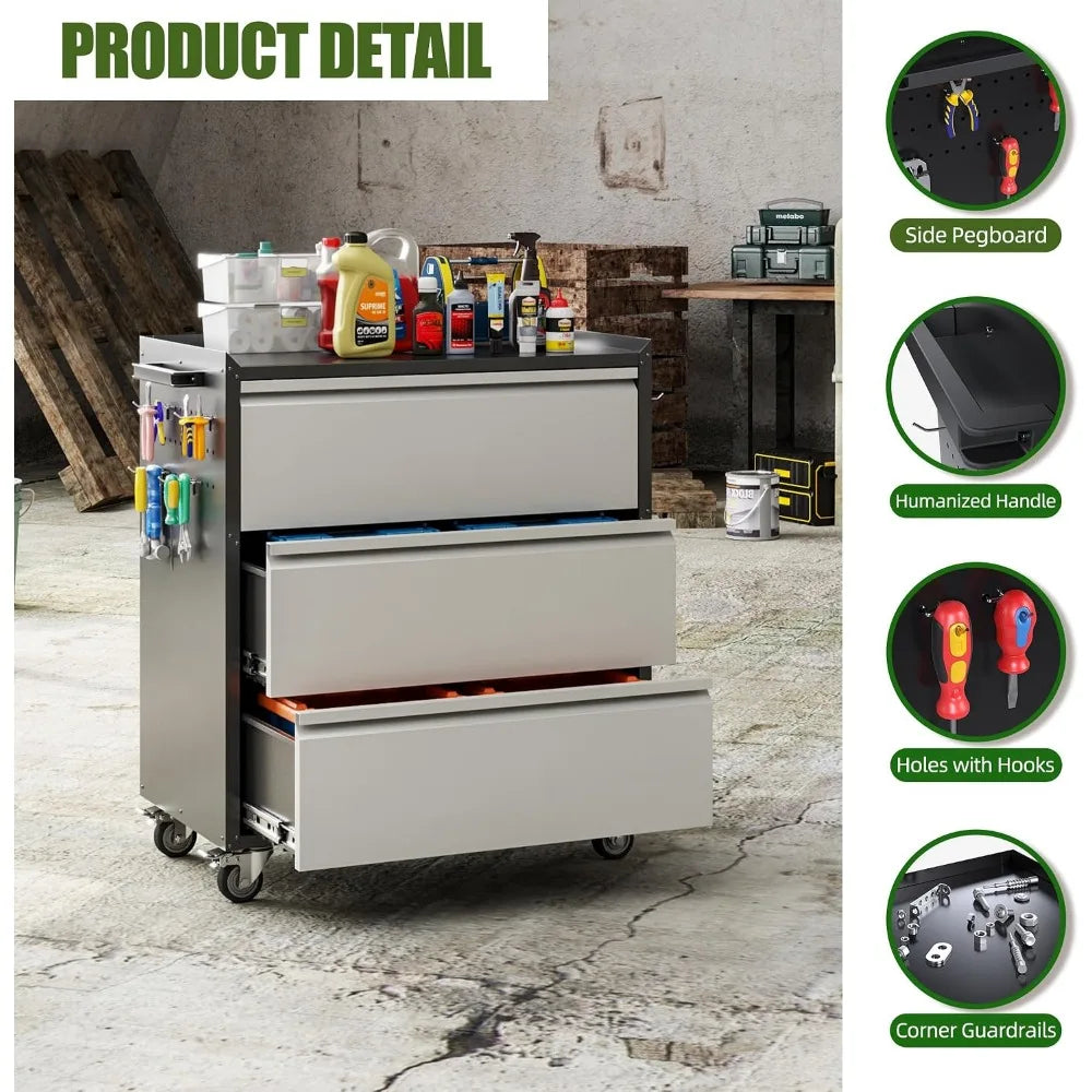 Metal Rolling Storage Cabinet with Drawers and Pegboards for Workshop, 18.11D x 30.3W x 35.4H Inches