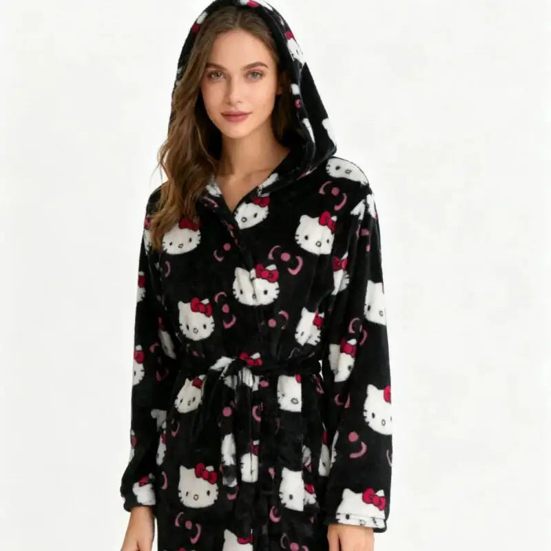Nightgown Anime Hello Kitty 2026Bathrobe Flannel Thickened Pajamas Women's Home Clothes Winter Warm Pajamas Girls' Nightgown