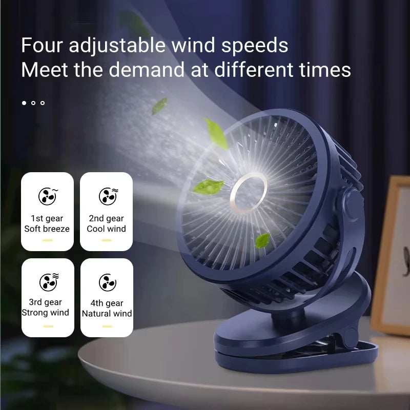 Portable USB Table Clip Fan Type-C 10000mAh Rechargeable Mini Desk Stand Fan 360 Degree Rotation 4 Speeds Air Cooling Ventilador