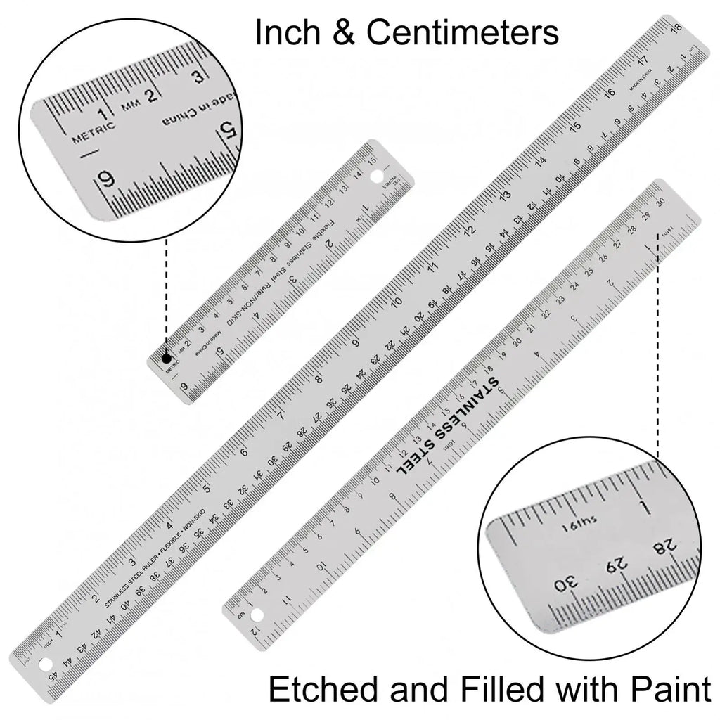 6/ 12 /18 Inch Optional Stainless Steel Metal Ruler with Cork Backing, Inch and Centimeters Non-slip Rulers Measuring Tool