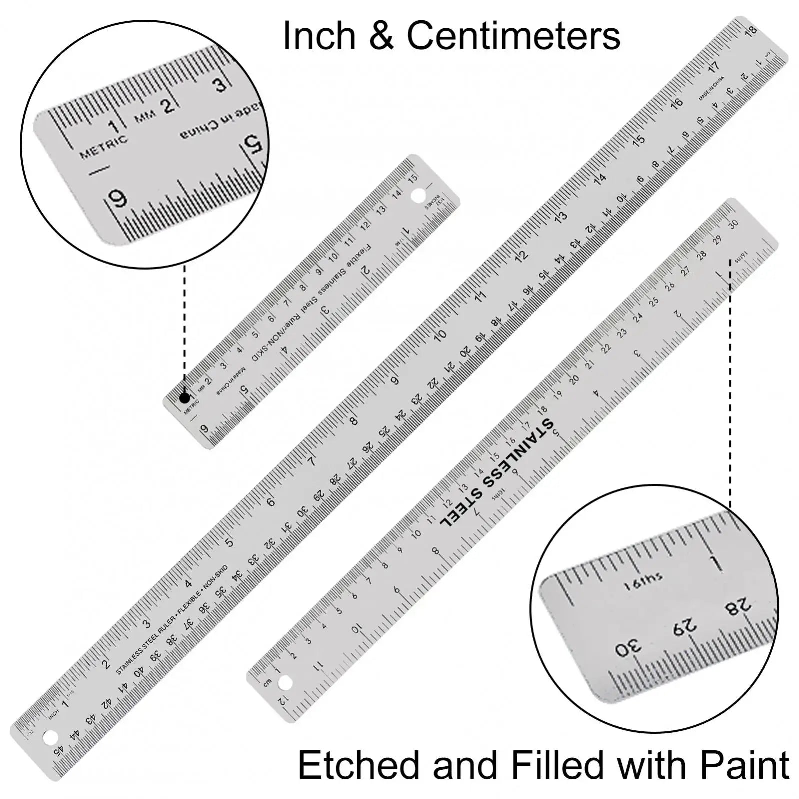 6/ 12 /18 Inch Optional Stainless Steel Metal Ruler with Cork Backing, Inch and Centimeters Non-slip Rulers Measuring Tool
