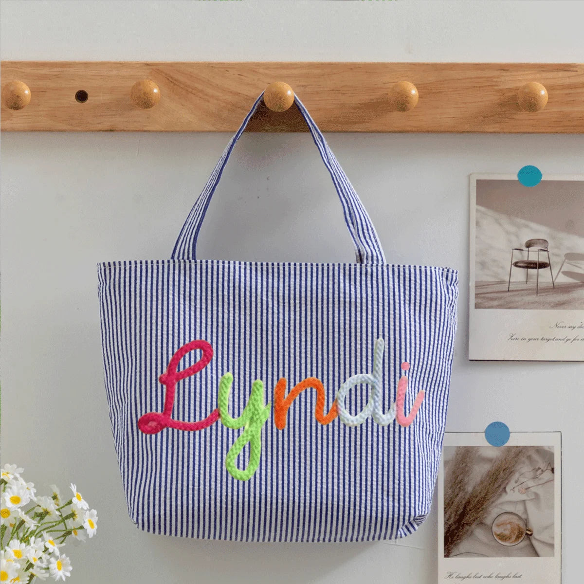 Custom Seersucker Cosmetic Handbag and Travel Organizer — Personalized Chenille Letter Toiletry Bag and Summer Beach Tote