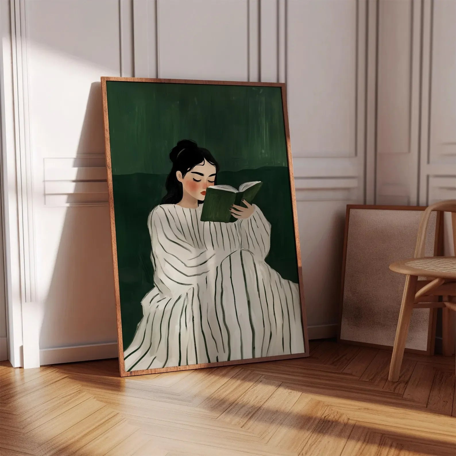Emerald Green Woman Reading Folder Print Minimalist Abstract Canvas Wall Decor Unframed