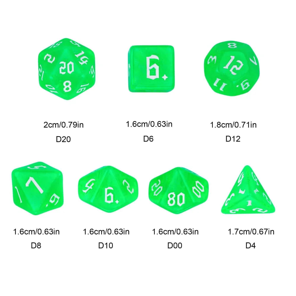 DND Glitter Dice Set 7Pcs/Set Sickle Font D4 D6 D8 D10 D% D12 D20 Polyhedral Dice for Dungeons&Dragons Role Playing Board Games
