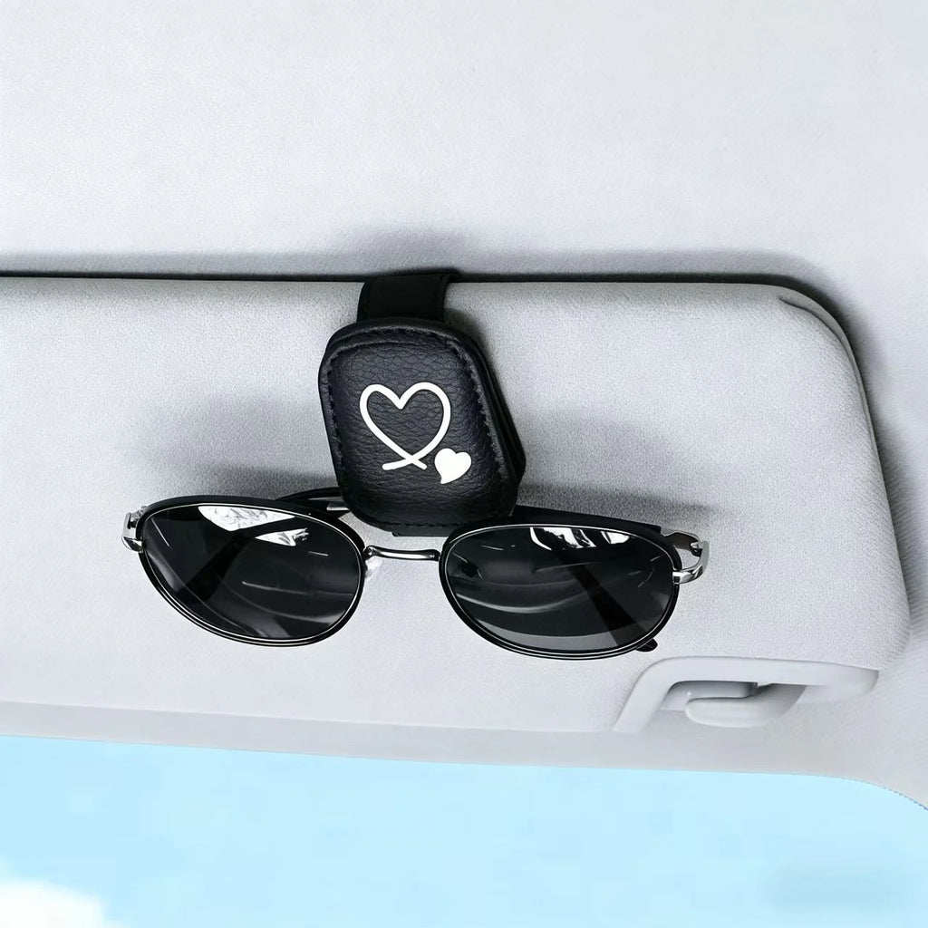 Cute Heart Car Sunglasses Clip, PU Leather Auto Sun Visor Glasses Holder, Universal Car Interior Storage Accessory