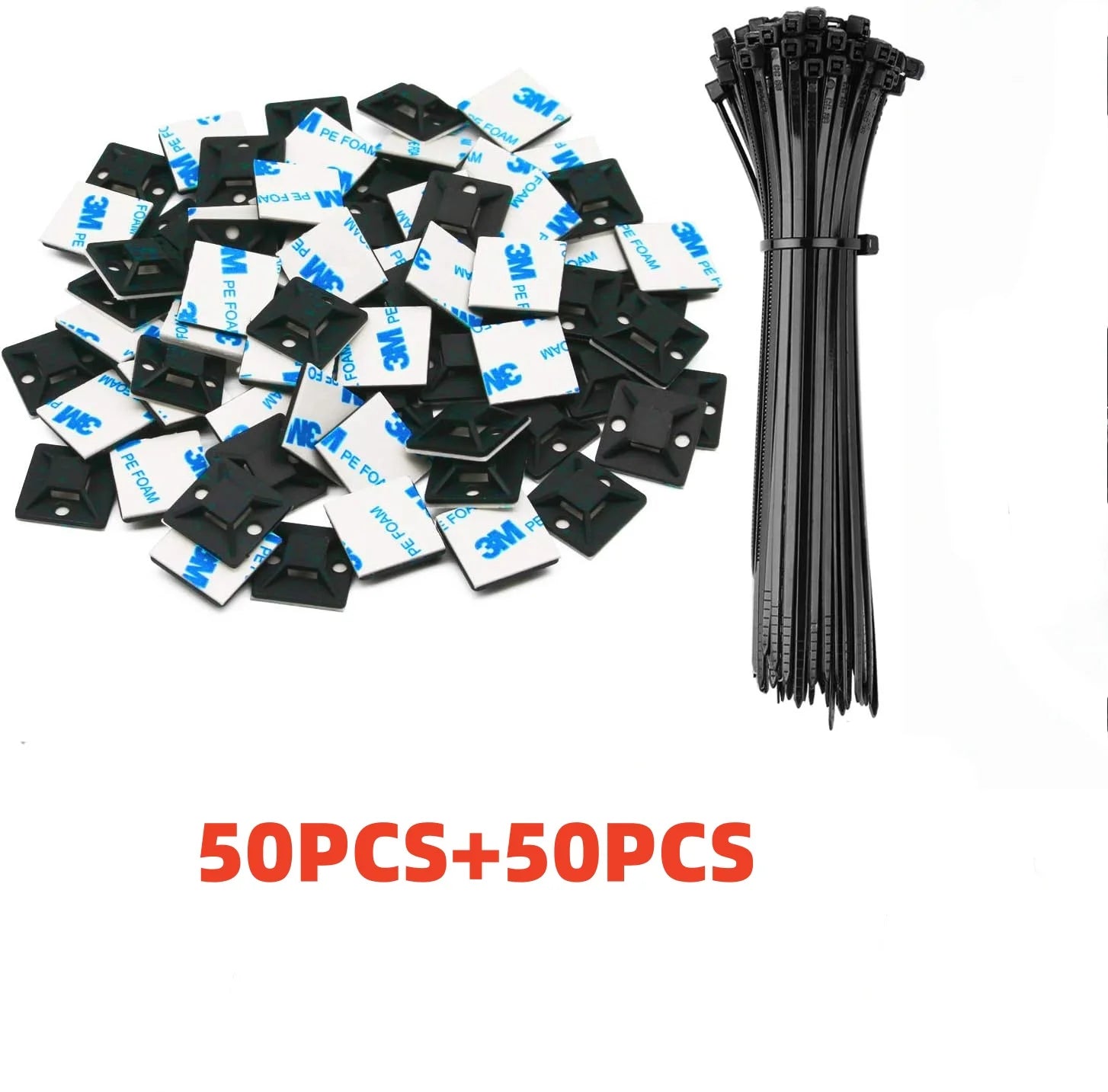 100pcs Self-Locked Nylon Cable Tie+ Nylon Square Plastic 3M Self Adhesive Wire Zip Fixed Seat Holder Cable Tie Mount Base