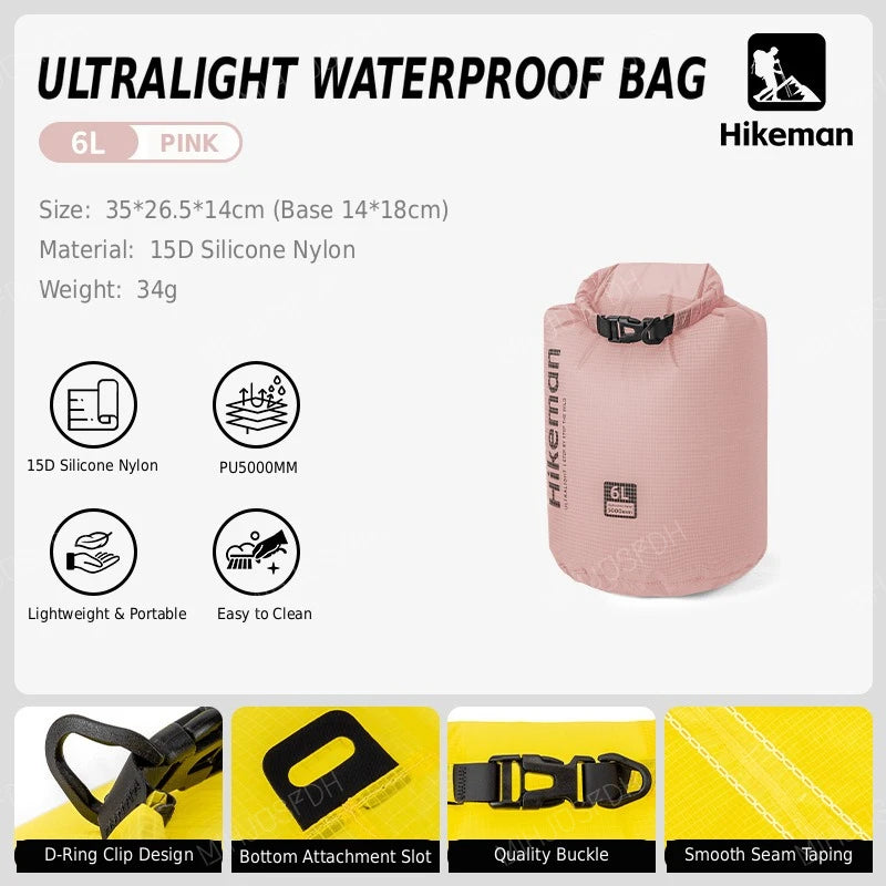 HIKEMAN Ultralight Waterproof Dry Bag Outdoor Storage Sack 15D Silicone Nylon 6L 10L 16L for Camping Hiking Travel and Swimming