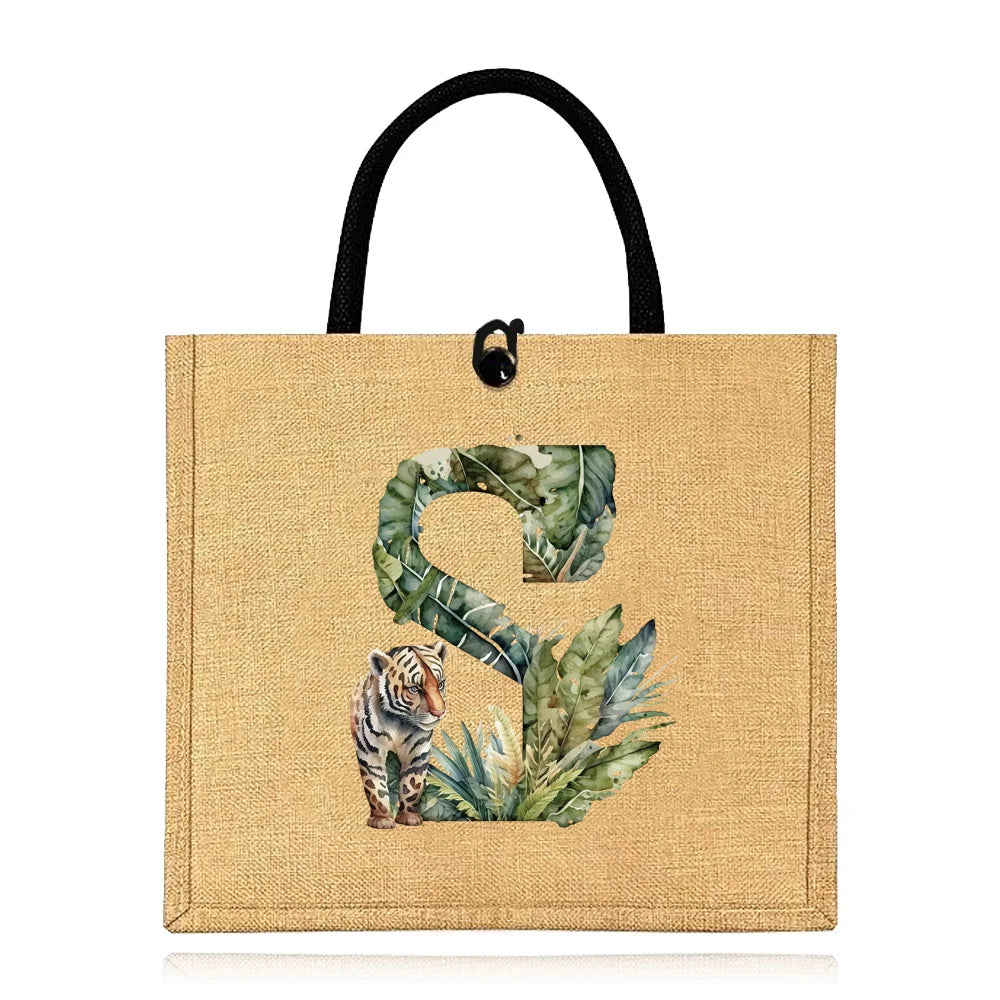 Flax Bag Fastener Handbag Organizer Storage Jute Tote Bags Imitation Cotton Women Valise Portable Jungle Tiger Printing Series