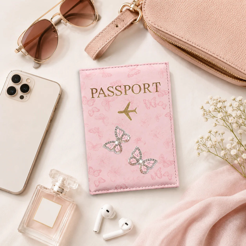 Pink Butterfly PU Leather Passport Holder, Rhinestone Travel Wallet Cover with Card Slots for Women, Airport Vacation Gift