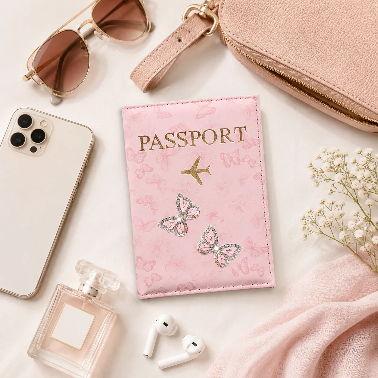 Pink Butterfly PU Leather Passport Holder, Rhinestone Travel Wallet Cover with Card Slots for Women, Airport Vacation Gift