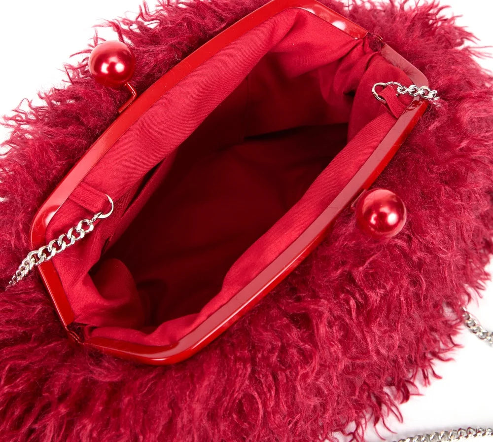 Women kisslock Faux Fur Clutch bag winter warm dark grey pouch frame clasp bag with chain crossbody