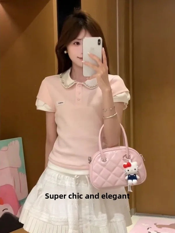 Fashionable Short Sleeve T-Shirt Women's Summer Style Color Block Doll Collar Top Miu Series Fake Two-Piece Casual Wear