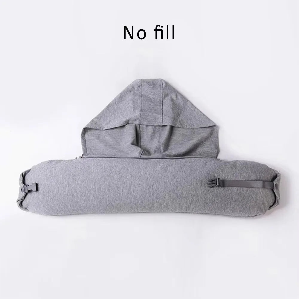 Fillable Travel Neck Pillow Neck Support with Hood Nap Pillow Adjustable with Storage Pouch Airplane Neck Pillow