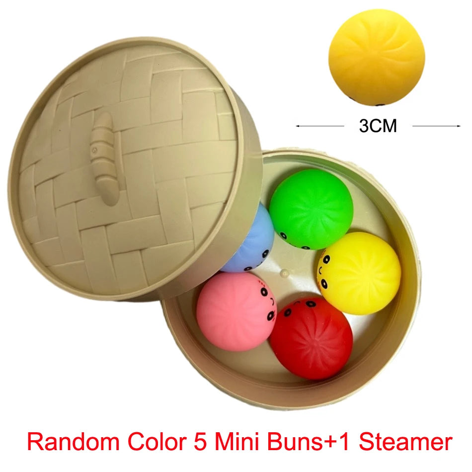 5Pcs Mini Dumplings With Steamer Bun Squeezable Toys Set Soft Stress Relief Crystal Squishy Fidget Sensory Toy Party Favors Gift