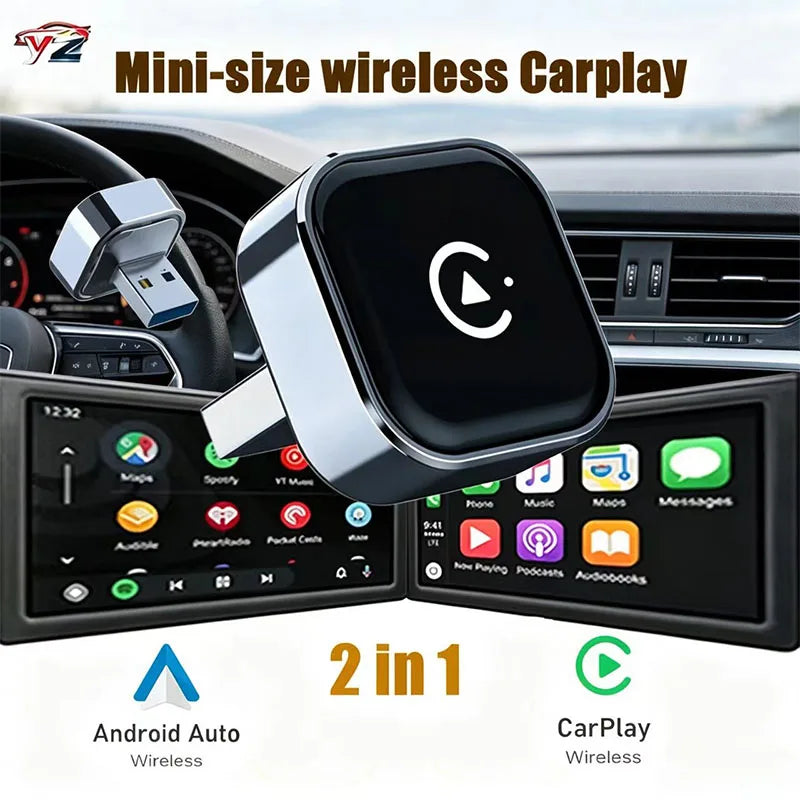 2 in 1, Mini USB CarPlay New Wireless CarPlay Adapter for Apple iPhone ＆Android Auto Dongle Wirn with Fast Stable Connection