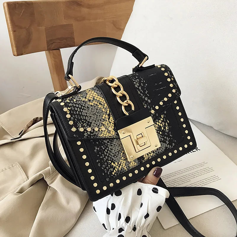 Rivet Snake Pattern Bags for Women 2023 New Luxury Handbags Retro Fashion Western Style Multi-layer Casual Women Crossbody Bag