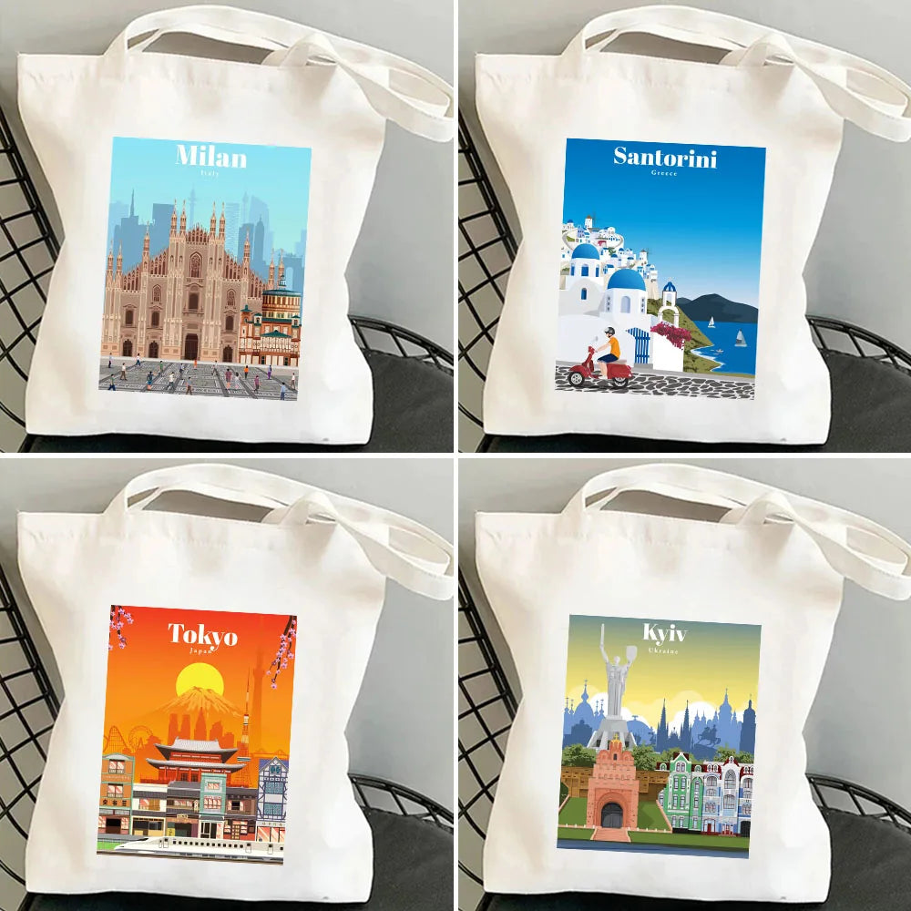 Kyiv Ukraine Milan Rio De Janeiro San Diego Santorini Greece Sydney Tokyo Women Canvas Shoulder Cotton Tote Bag Shopping Handbag