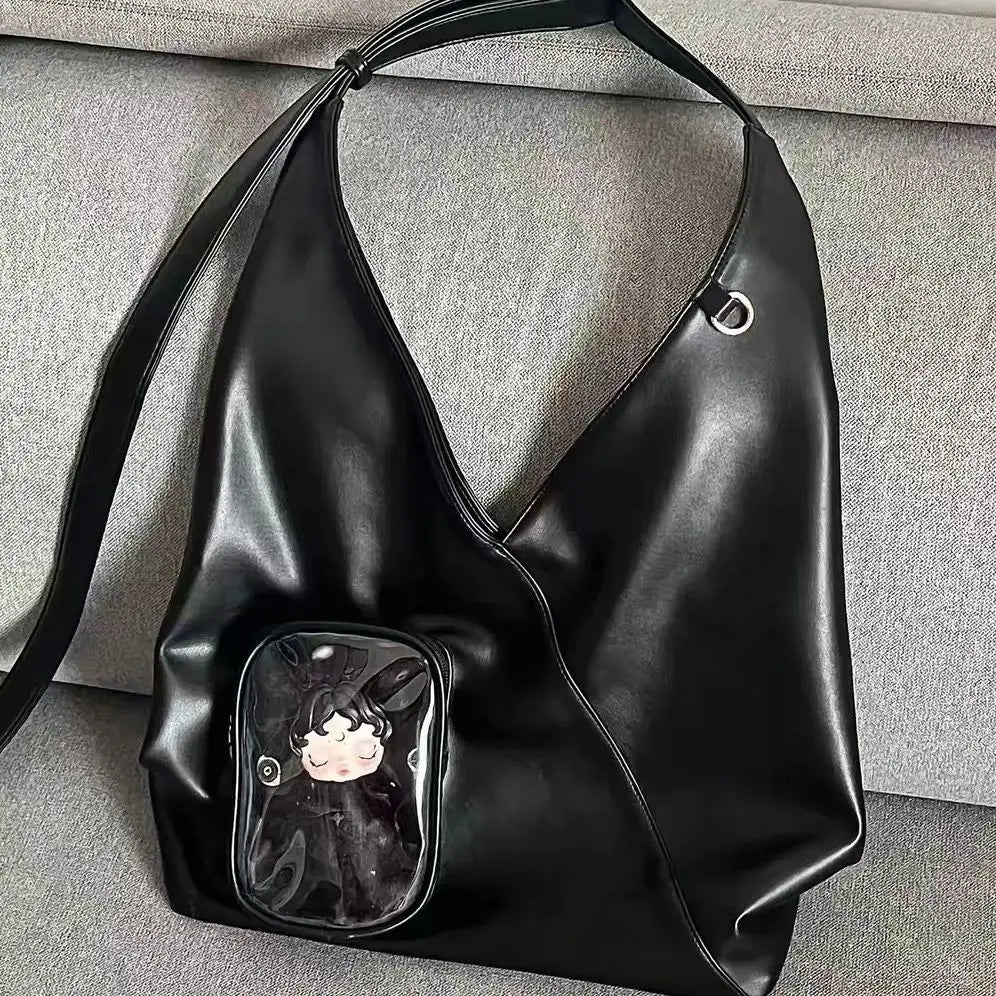 Soft PU Triangle Itabag with Clear Front Pocket -Women Large Capacity Shoulder Crossbody Bag for Anime Dolls & Daily Commute
