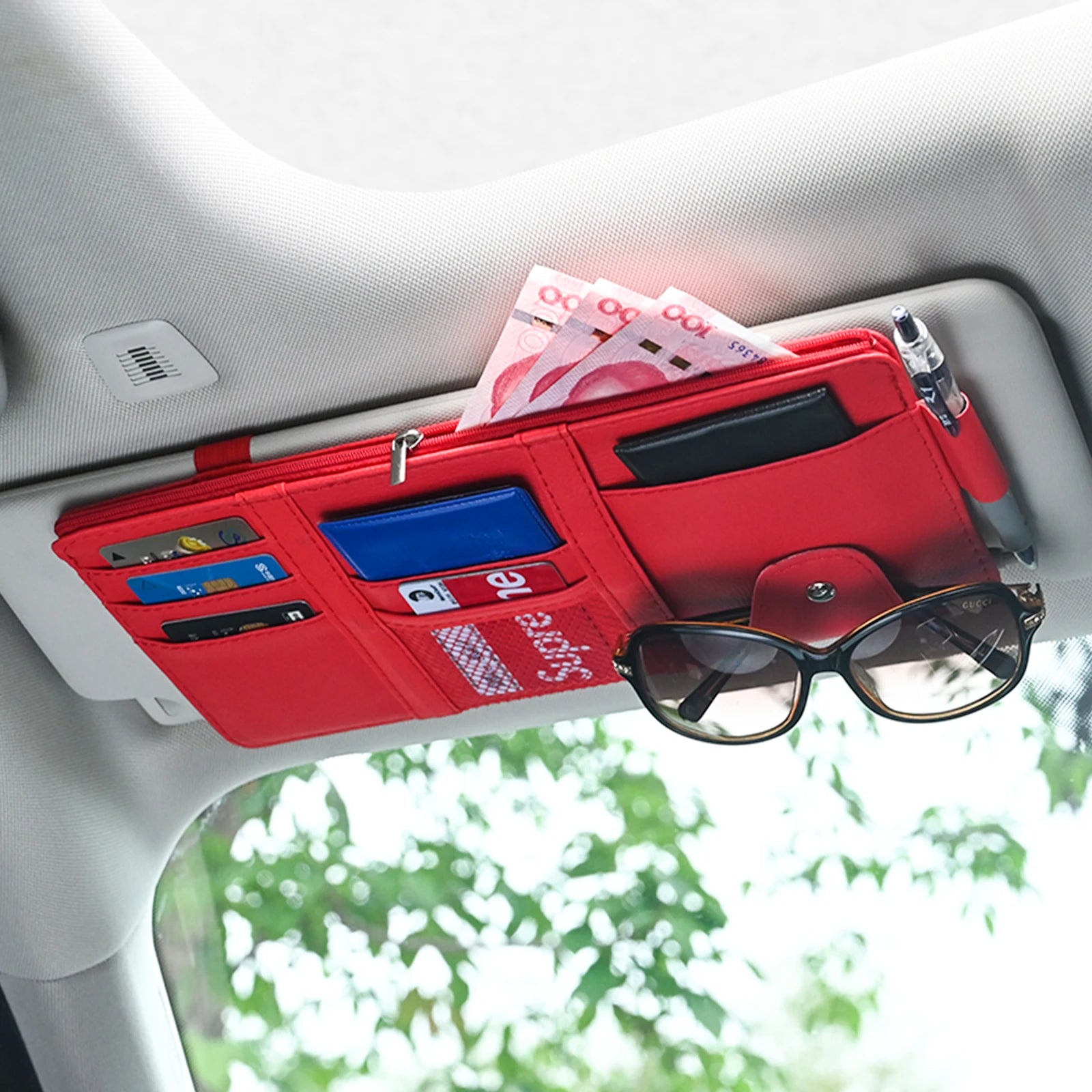 JFBONIN Car Sun Visor Organizer Storage Box with Sunglasses Clip Business Card Holder Bill Pen Holder - Vehicle Interior Accesso