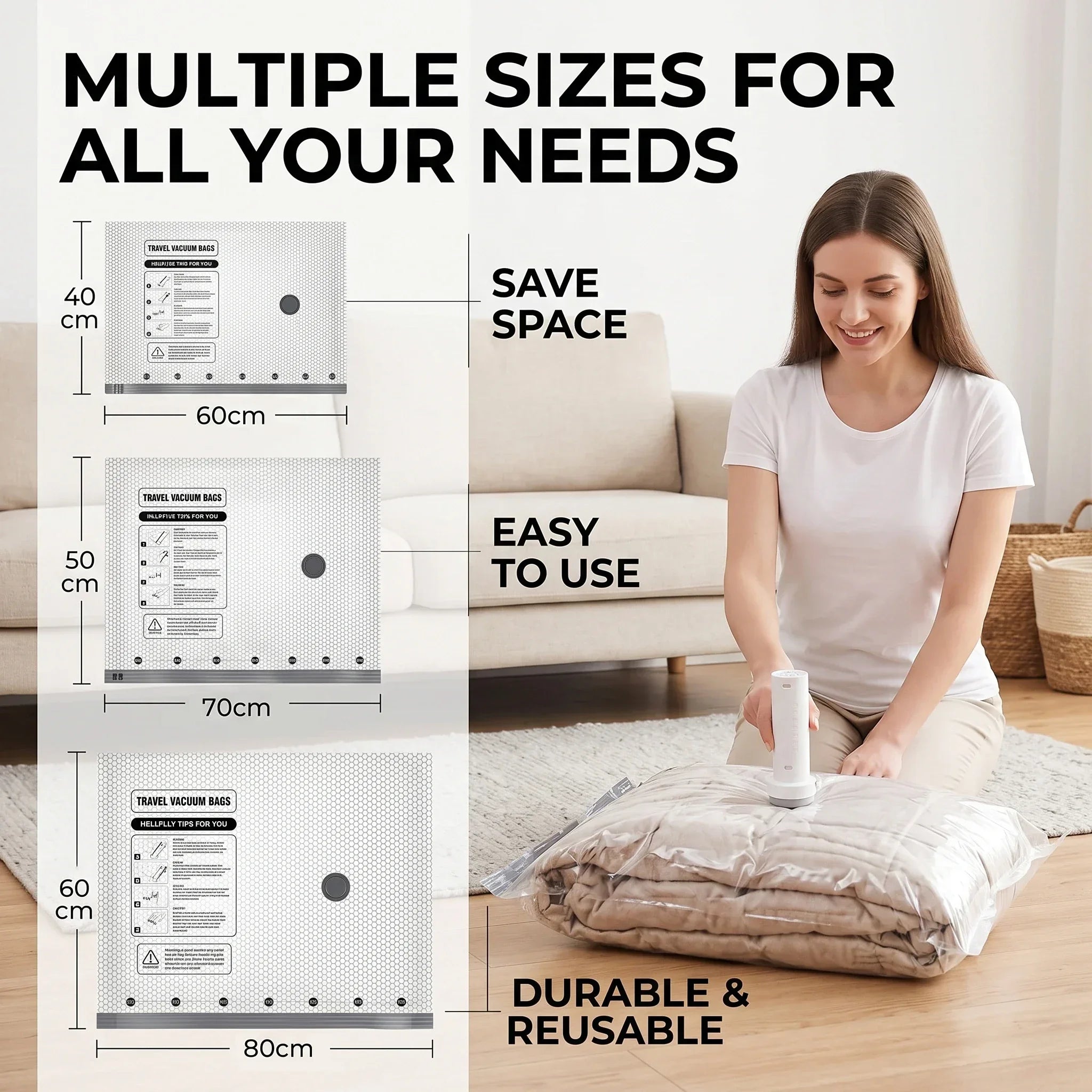Travel Vacuum Storage Bag Electric Pump Carry On Compression Luggage, Vacuum Sealer Bags Moving Space Saver Reusable FANAN