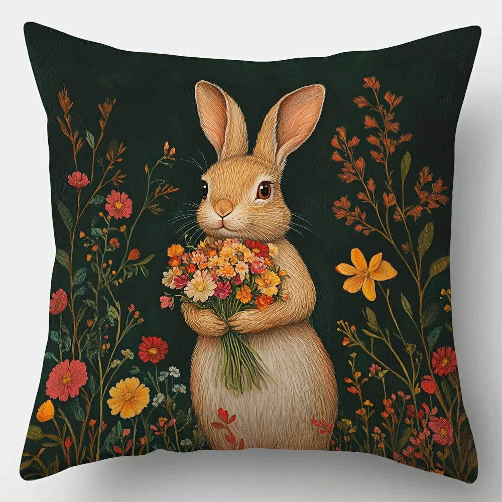4-Piece Printed Animal Pillowcase Set – Vintage Nature Style with Deer, Squirrels, Foxes, Rabbits, Flora & Berries