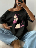 Large Pink Art Mona Lisa Bubble Gum Printed T-shirt with Large Y2K Style Pattern for Women's Top, Summer Off Shoulder Top