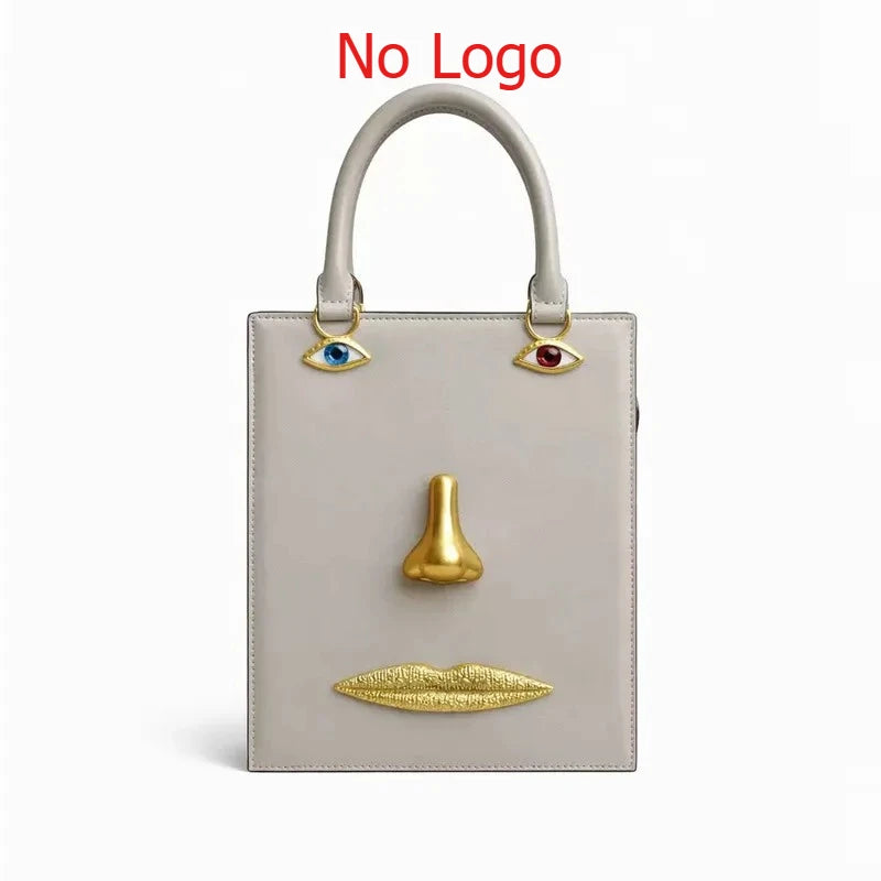 Face Bag Women High Quality Black Leather Luxury Brands Handbag Jewelry Eyes Gold-tone Metal Shoulder Strap Crossbody Bags