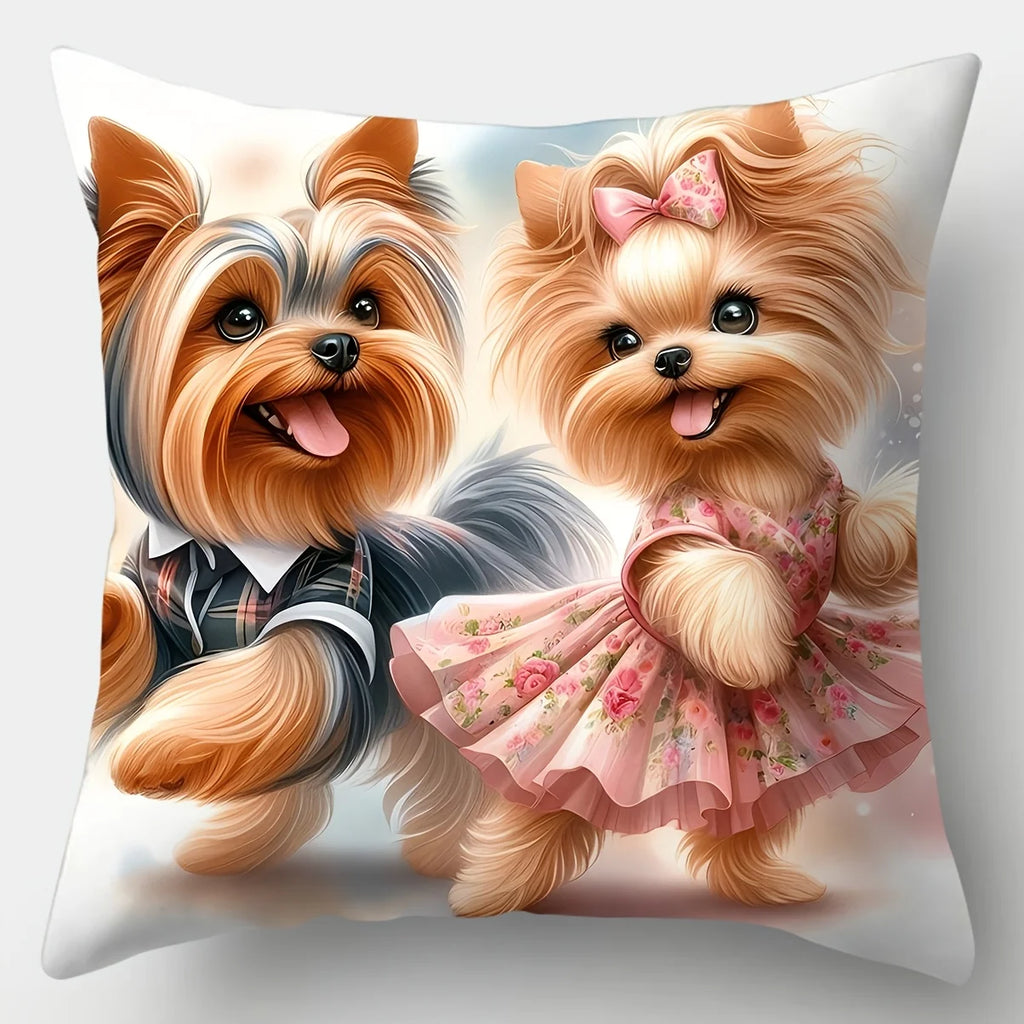 4pcs Healing Dog Couple Print Pillow Covers, Featuring Adorable Yorkshire Terrier Cute Puppy Pattern, Decorative Cushion Cases