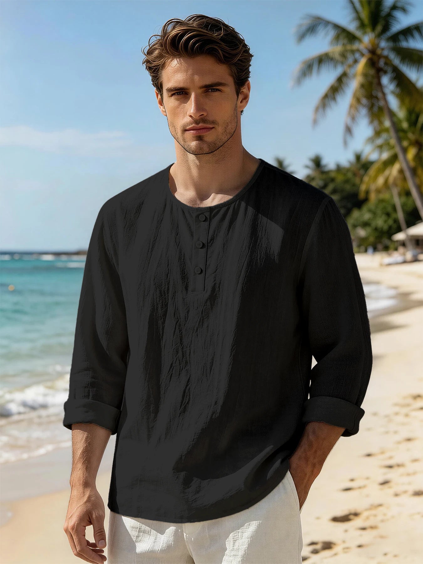 Vintage Men Linen Crinkle Henley Long Sleeve Tops, 3 Button Crew Neck Lightweight Breathable Shirts, Casual Holiday Blouses For