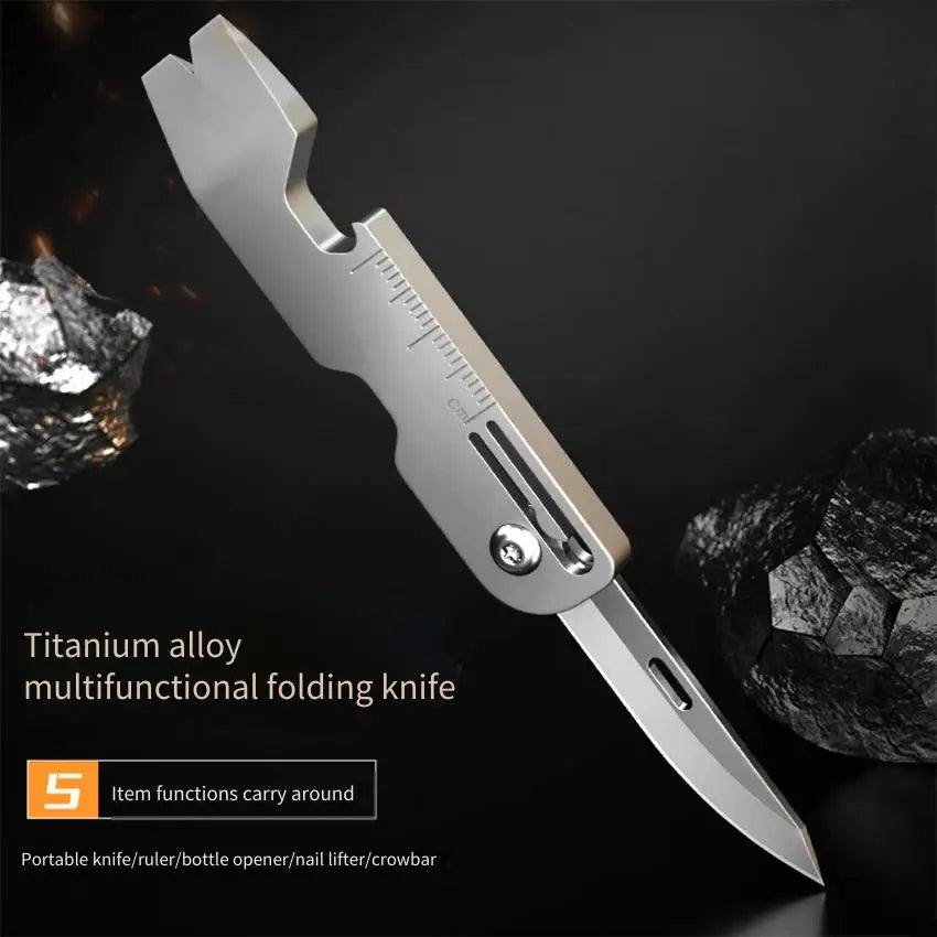 Multifunctional titanium alloy gadget: keychain folding knife, mini bottle opener, small crowbar, outdoor EDC tool
