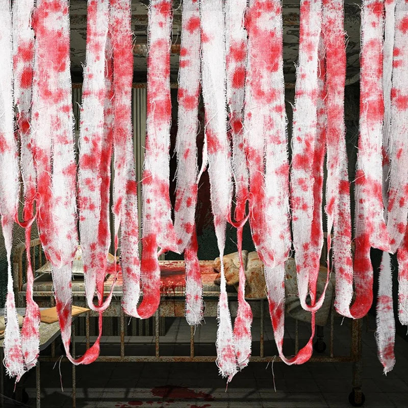 1PC Bloody Gauze Strips Roll with Caution Tape for Halloween Haunted House Decoration Creepy Crime Scene Party Props