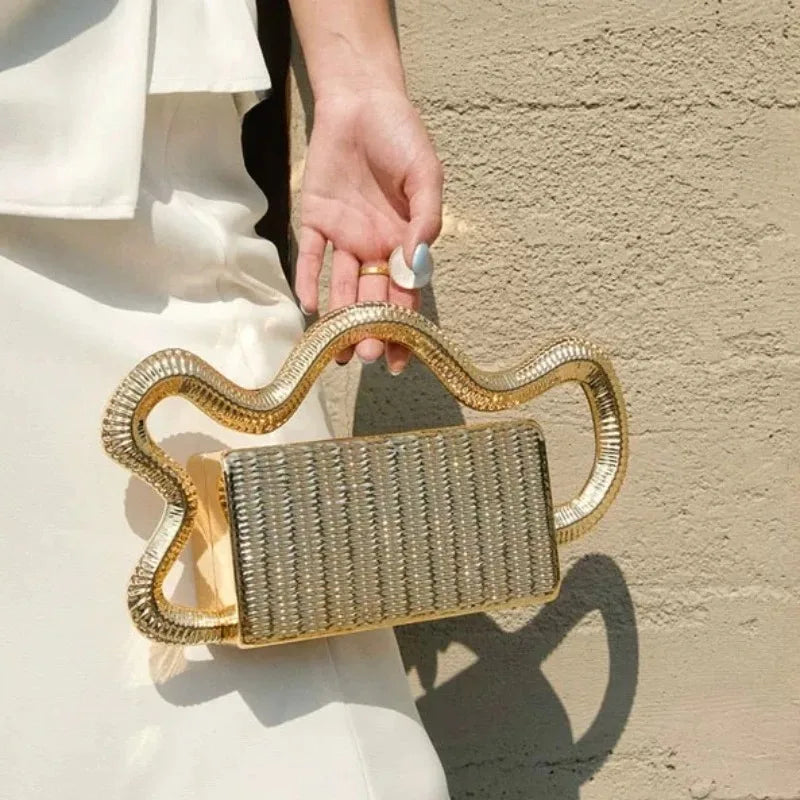 Luxury Evening Bag Designers Original New Unique Wavy Cloud Shaped Handle Box Clutch Bag Metal Textured Hard Shell Shoulder Bag