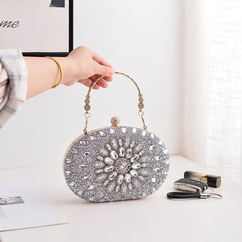 Alirattan 2026 New Flower Rhinestones Evening Bags Metal Prom Clutch Diamonds Clutch Chain Shoulder Handbags