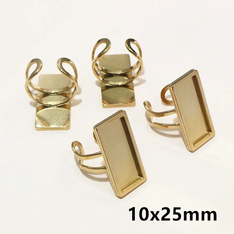 5pcs Stainless Steel Square Rectangle Thick Adjustable Ring Blank Base Settings ,Fit 12/20/25mm Cabochons DIY Rings Bezel Tray