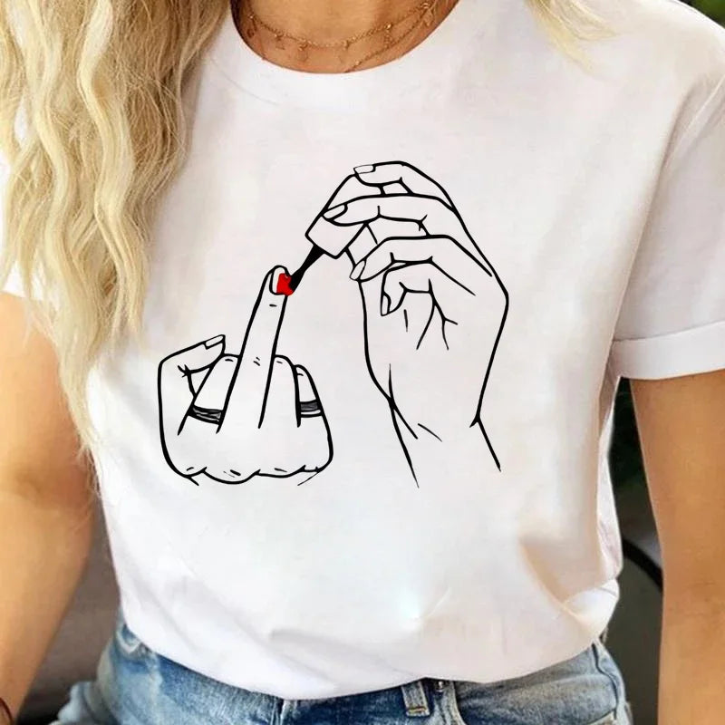 Summer Comfortable Soft Short Sleeve O-Neck Tops Casual Female Clothes Women Middle Finger Nail Polish Prints T Shirt