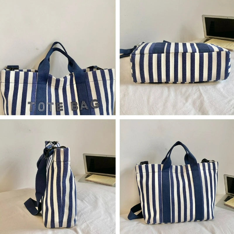 Fashion Striped Contrasting Tote Bag Large Capacity Casual Canvas Shoulder Crossbody Bag Versatile Letter Embossed Women Handbag