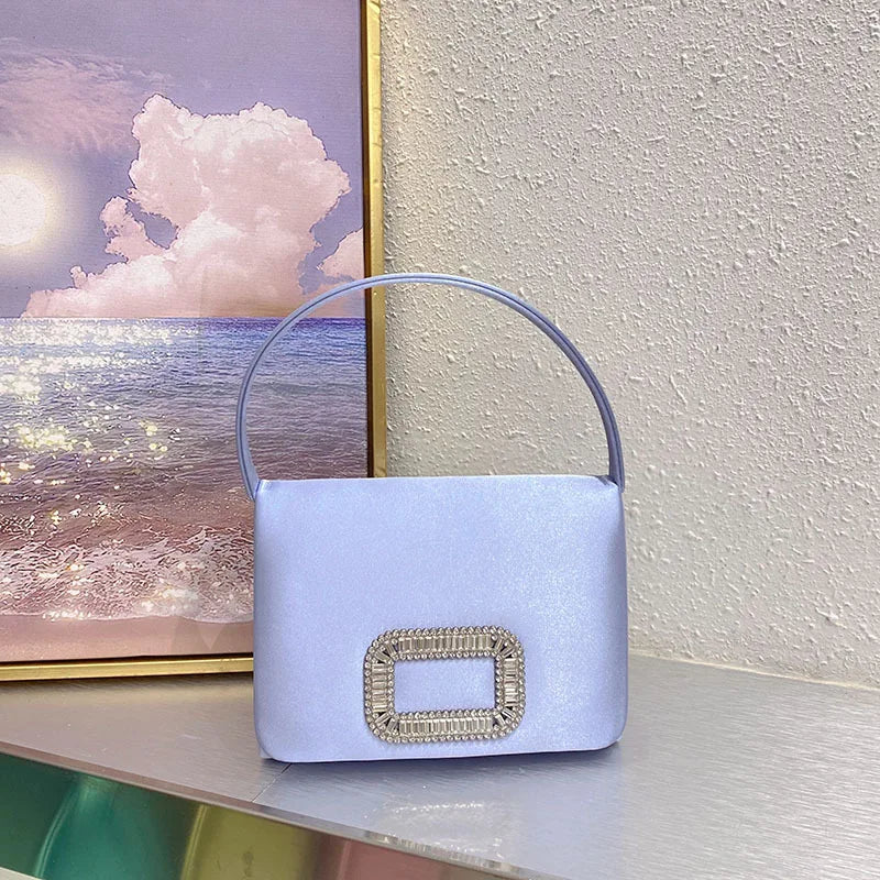 Luxury Diamond Square Button Women's Evening Bag Party Clutch Purses Satin Rhinestone Small Square Bag Chains Shoulder Bag Bolsa