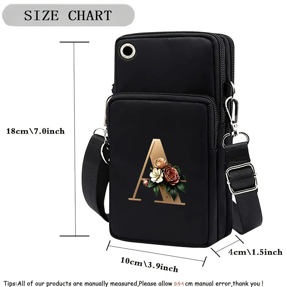 Fashion A-Z Letter Print Women's Crossbody Bag Large Capacity Three-Layer Zipper Phone Bag Daily Travel Coin Purse