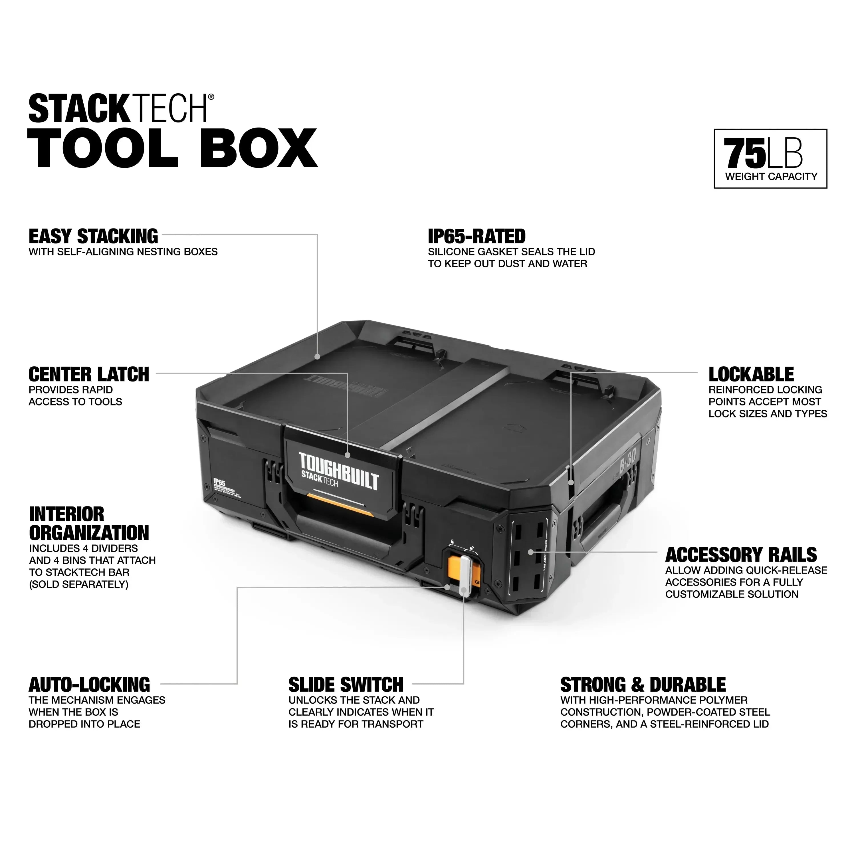 TOUGHBUILT TB-B1-B-30 StackTech Tool Box Multi-functional Maintenance Parts Box Stackable Toolbox Toughbuilt Tool Accessories