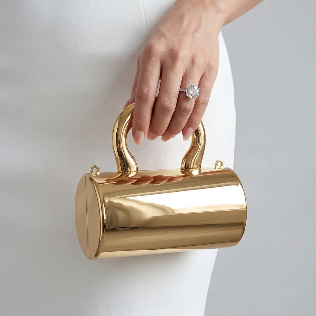 Women's stylish mini clutch bag made of gold cylindrical acrylic with a chain strap suitable for parties weddings and banquets
