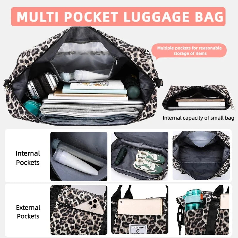 2pcs Set - Large Capacity Travel Duffel Bag with Shoe Compartment and Cosmetic Pouch Casual Nylon Gym Bag Weekend Overnight Bag