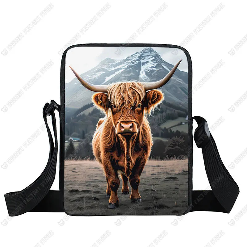 Scottish Highland Cows Print Crossbody Bag Highland Cow Sunflower Women Handbag Key Money Phone Holder Messager Shoulder Bag