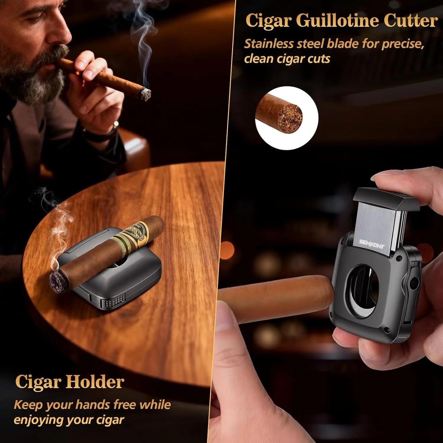 Cigar Cutter,Stainless Steel V/S-Shaped Cutter,Multifunctional Cigar Guillotine with Punch,Cigar Holder and Dual-Pin Ash Holder
