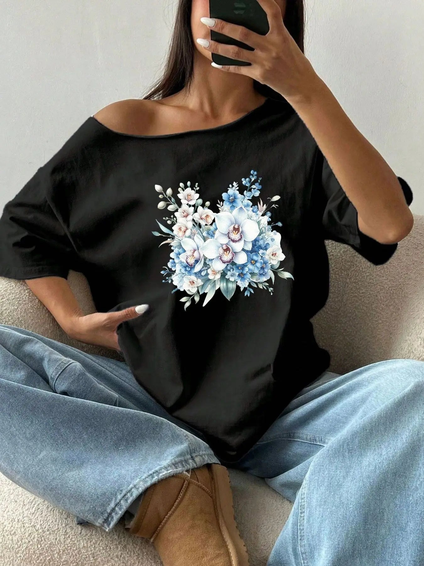 100% Cotton Plus Size Blue White Orchid Floral Print Shoulder Loose Print T-Shirt Oversized Y2K Style Graphic Tees Women Tops