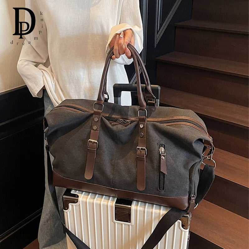 Vintage Canvas Casual Weekend Bag Travel Tote Bag Portable Large Capacity Duffel Bag With Shoe Compartment Crossbody Luggage Bag